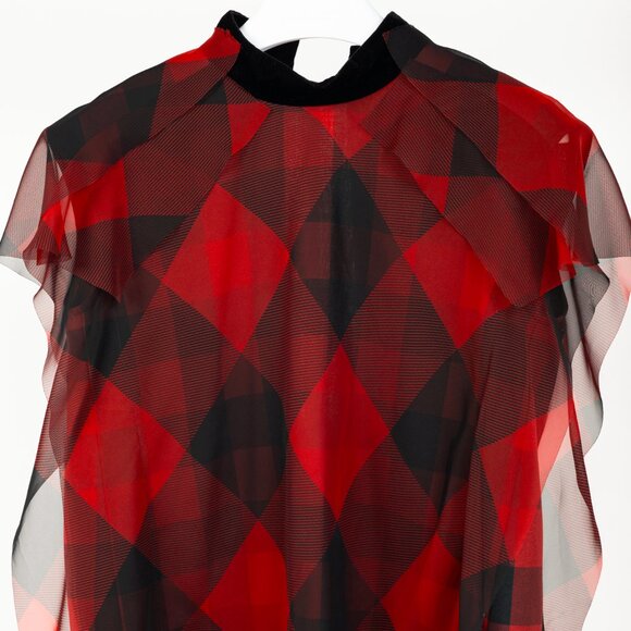 Sacai R/22 Red & Black Buffalo-Plaid Chiffon Blouse - Picture 4 of 10